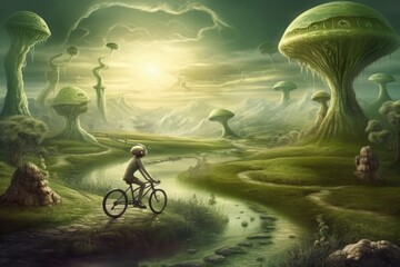 Wall Mural - alien riding bicycle through tranquil landscape, created with generative ai