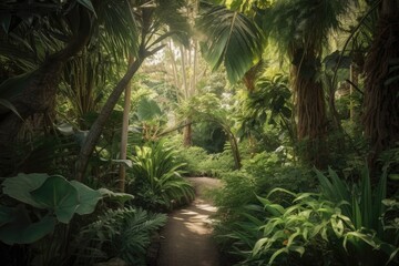 Wall Mural - tropical forest with lush foliage and exotic plants, created with generative ai