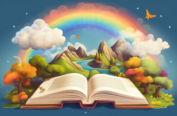 open book scene with rainbow, clouds and mountains, generative ai
