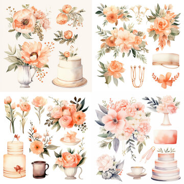 Set of watercolor pictures, cake clip art wedding decorations