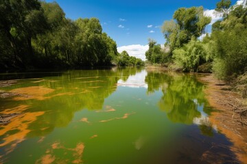 Canvas Print - toxic spill floating on a tranquil river, with blue sky and green trees in the background, created with generative ai