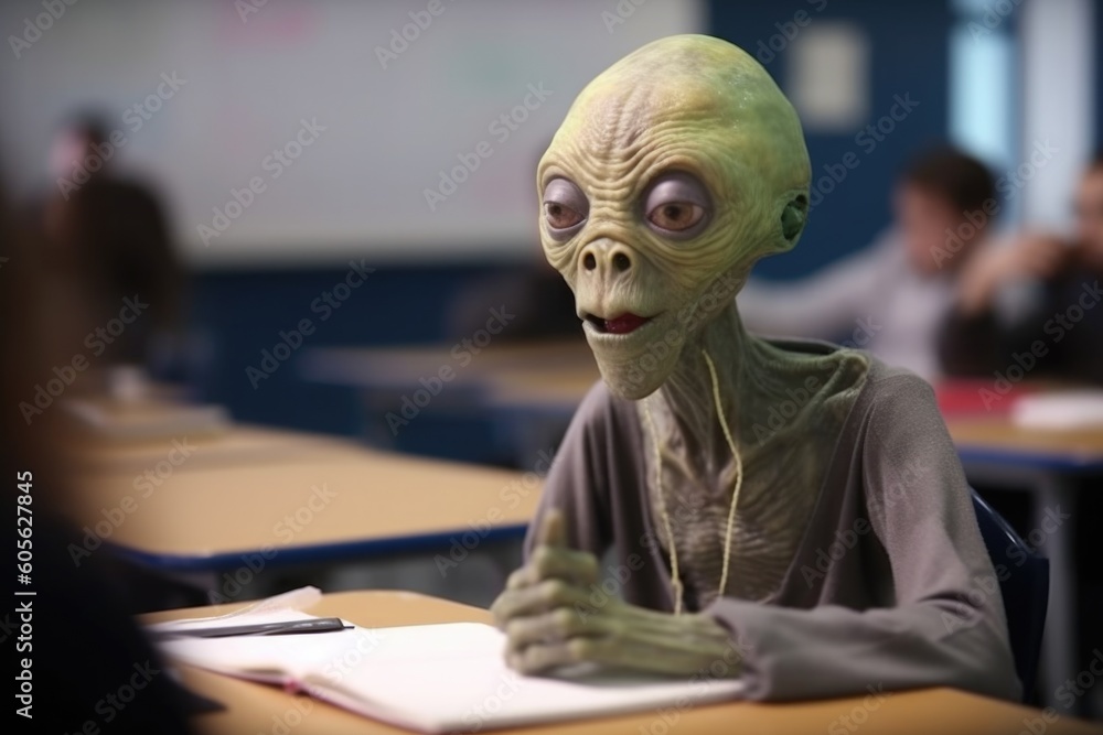 alien student, taking notes while teacher lectures, in classroom ...