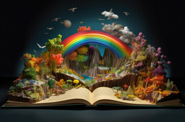Wall Mural - open book scene with rainbow, clouds and mountains, generative AI