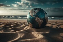 Globe Resting On Sandy Shore. Generative AI