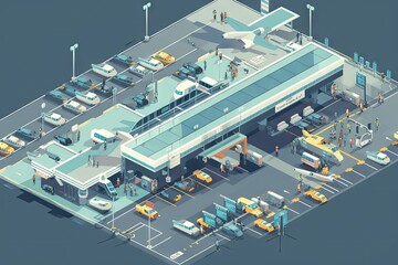 Wall Mural - isometric view of busy airport terminal, with people and vehicles moving in all directions, created with generative ai