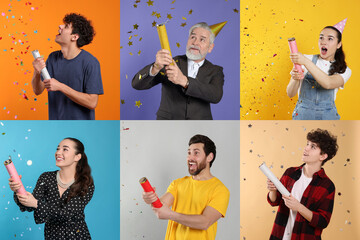 Poster - Collage with photos of different people blowing up party poppers on color backgrounds