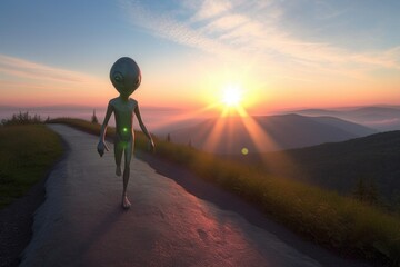 Wall Mural - alien jogging on scenic mountain trail, with the sunrise in the background, created with generative 