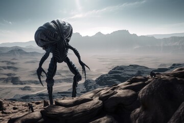 Wall Mural - alien life form walking across rocky surface, with breathtaking vistas in the background, created wi