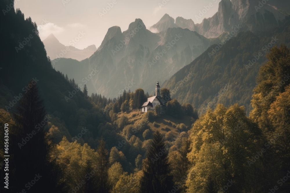 majestic mountain range with chapel in the distance, hidden among trees ...