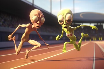 Poster - two alien athletes racing down a track, their long limbs pumping, created with generative ai