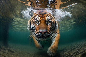  A tiger swimming in water. Underwater image. Created using Generative AI
