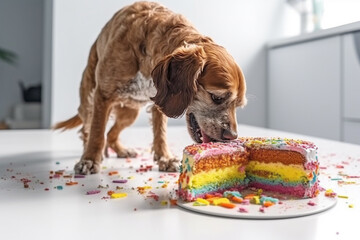 Wall Mural - Dog in front of birthday cake. Generative AI illustration