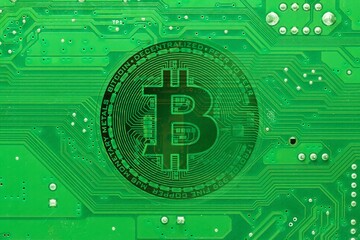 Wall Mural - 3d rendering Bitcoin symbol on a futuristic green matrix background