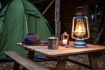 Wall Mural - tent, lantern and flashlight on wooden table in campsite, created with generative ai