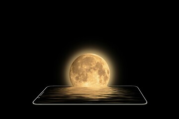 Wall Mural - Yellow full moon in  water on the tablet screen isolated on black background