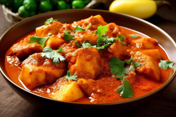 Wall Mural - Indian chicken curry recipe served in a black plate. Ai generated