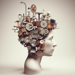 Wall Mural - head with gears and cogs, brain power intelligence thinking - by generative ai