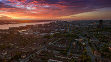 Aerial Drone Shot Of The Cityscape Of Liverpool, United Kingdom, At Sunset