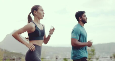 Canvas Print - Sports, mountain and couple running on a trail for a workout or training for race, marathon or competition. Fitness, nature and athlete runners or friends doing an outdoor cardio exercise together.