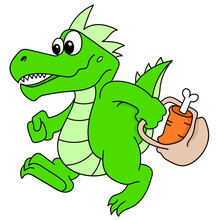 Cartoon Doodle Of A Green Dragon Carrying A Bag With Meat
