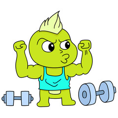 Sticker - Cartoon doodle of a green character working out with dumbbells