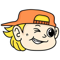 Canvas Print - Cartoon doodle of a blonde winking boy with an orange cap