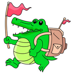 Wall Mural - Vector of a cartoon doodle crocodile with a backpack and a flag over a white background