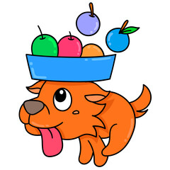 Wall Mural - Vector of orange puppy running with fruits