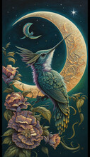 Painting In Asian And Oriental Styles, Oil Painting Of Fabulous Birds On A Branch And In Flowers Against The Backdrop Of The Moon. Generative AI