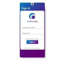 Sign in window for creative app in violet and white colors, user interface realistic design