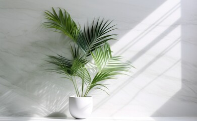 Minimal, modern white marble stone counter table, tropical monstera plant tree in sunlight on green wall background for luxury fresh organic cosmetic, skin care, beauty treatment product Conceived by 