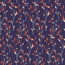 Seamless Floral Pattern, Vintage Nature Print With Tiny Twigs Sketch. Elegant Botanical Design For Fabric, Paper: Simple Hand Drawn Branches, Leaves On A Purple Background. Vector Illustration.