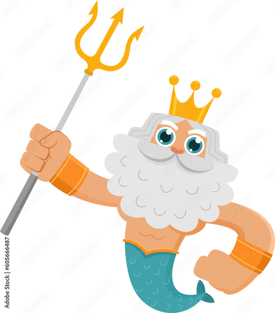 Sea God Poseidon Neptune Cartoon Character Holds Trident. Vector ...