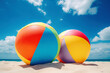 pair of colorful beach balls on sand with ocean and bright blue sky and fluffy clouds in the background. Generative AI