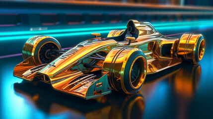 Sticker - A gold race car with a black background.