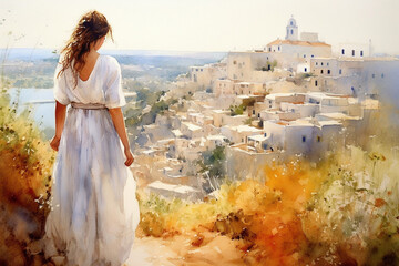 Wall Mural - Illustration  in a watercolor style. Beautiful girl in dress looking down at beautiful town from viewing platform. Profile view. Travel and  foot walk. Generative AI.