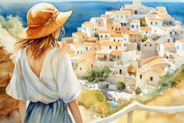 Wall Mural - Illustration  in a watercolor style. Beautiful girl in white dress  looking down at beautiful sea town from viewing platform. Viewed from behind. Travel and relax. Generative AI.