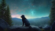 Black dog on the cliff, above the forest, gazing afar on a summer night, with stars and the universe above him. Starry night. Aesthetic. Artic. AI art.