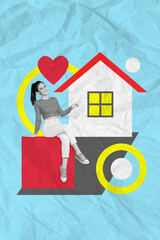 Poster - Exclusive magazine picture sketch collage image of happy smiling lady choosing favorite house buy isolated creative background