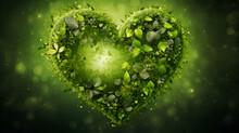 Green Heart Made Of Leaves As A Symbol Of Earth Love And Healthy Enviornment. Green Life Concept. The Texture Of Heart Shape Leaves On Blured Green Background. Earth Day Banner. Generative AI