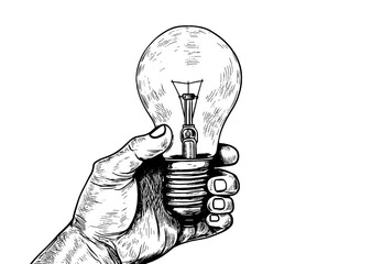 Engraving light bulb in hand. Vintage engraved light for idea or illumination concepts vector illustration