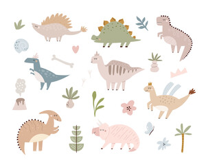 Wall Mural - Vector set of cute and funny dinosaurus and botanical elements