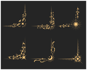 mystical corners and frame borders in tarot style, magic banners and astrology decor, esoteric vigne