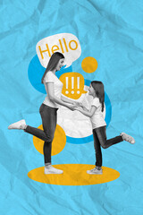 Canvas Print - Vertical collage image of black white gamma positive mother daughter hold arms talk hello dialogue bubble isolated on blue paper background