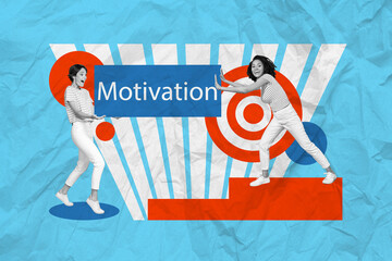 Collage artwork banner sketch of two positive motivated girls work hold carry heavy poster isolated on blue painted background