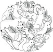 Circle shape doodle coloring page with forest animals. Activity for kids, coloring book, worksheet, amusement, fun.
