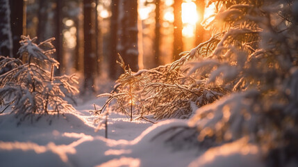 Sticker - A snow covered forest with a sign saying winter in the background