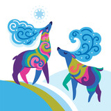Fototapeta  - Folk deers illustration. North motif. Vector illustration