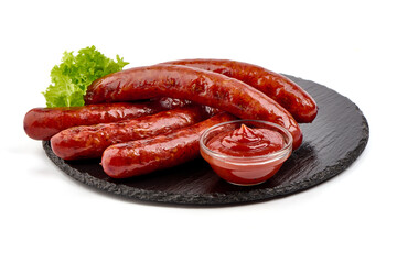 Wall Mural - Grilled pork sausages, isolated on white background.