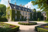 Fototapeta Las - Illustration of a Renaissance architecture style French Castle in a French Garden on a beautiful summer day - Generative AI 
